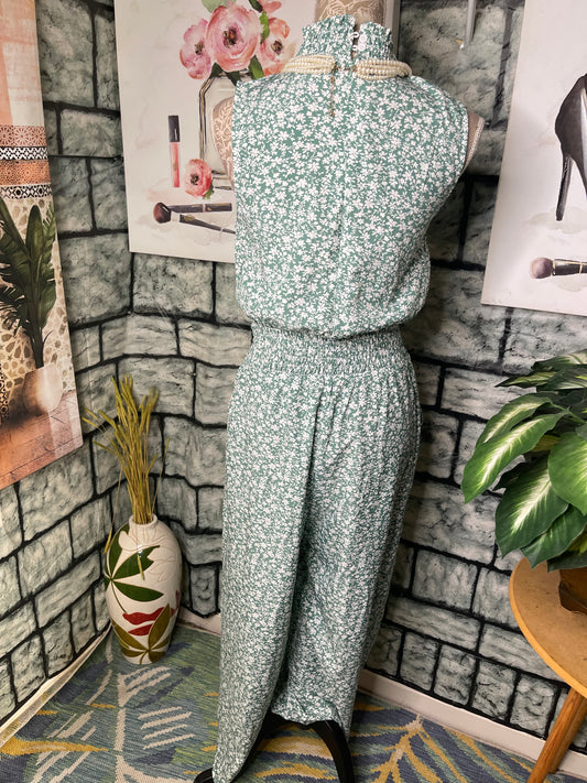 Green White Floral Jumpsuit Women sz Small