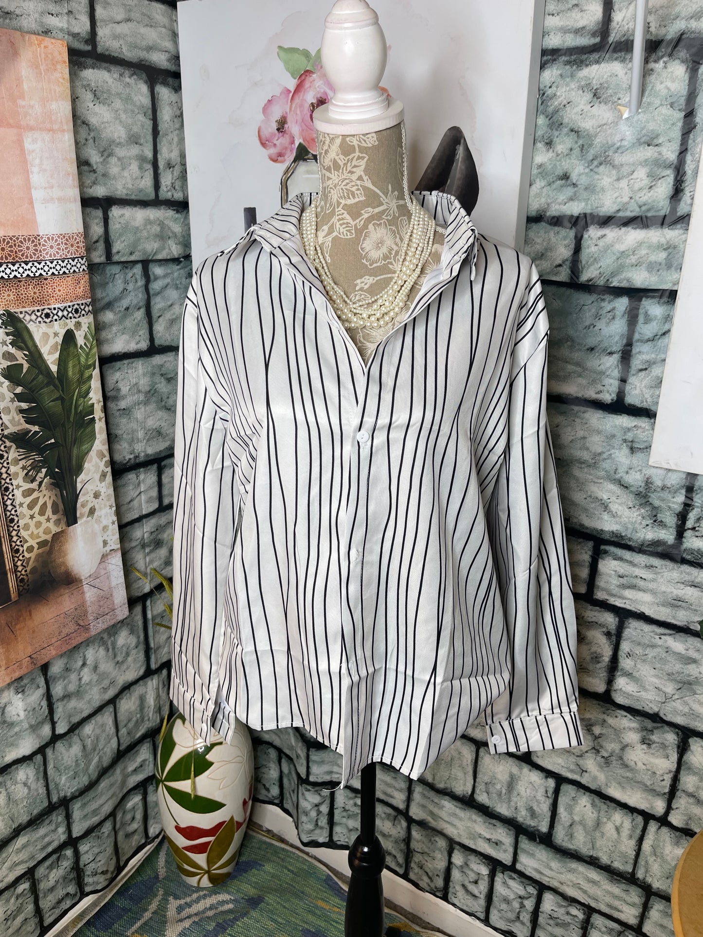Black White Button Blouse Women sz Medium
