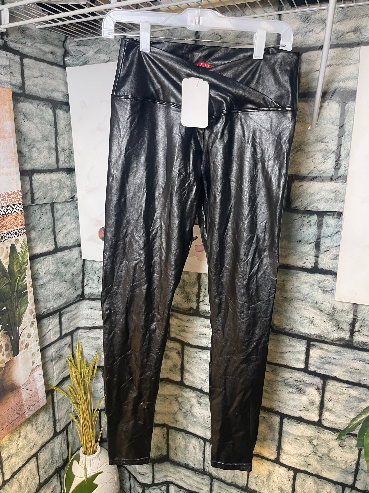 Hot Kiss Black Faux Leather Tights Women sz Medium