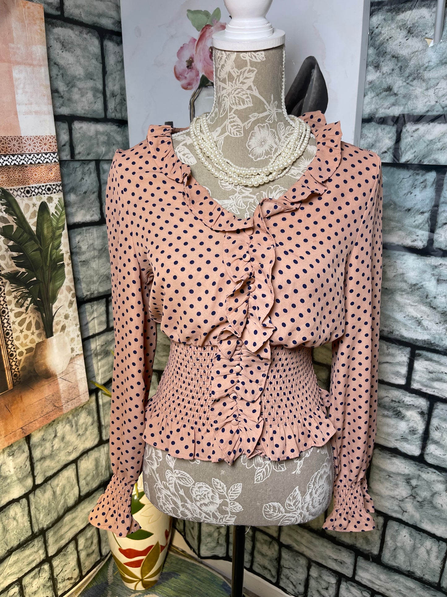 Haute Monde Tan Blue Blouse Women sz Small