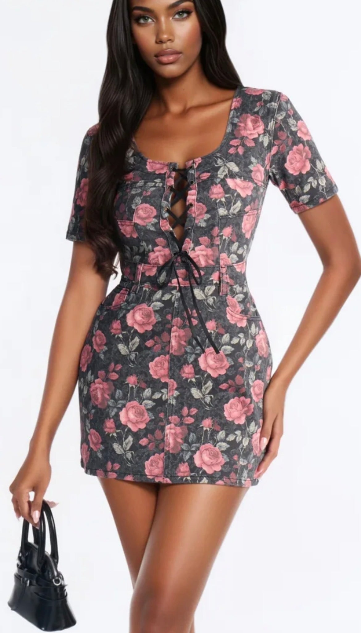 NEW Fashion Nova Black Pink Denim Floral Dress Women sz Large