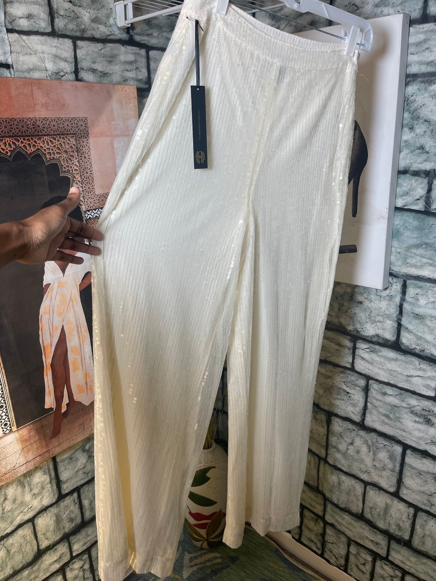 NEW House of Harlow Off White Sequin Pants Women sz 8