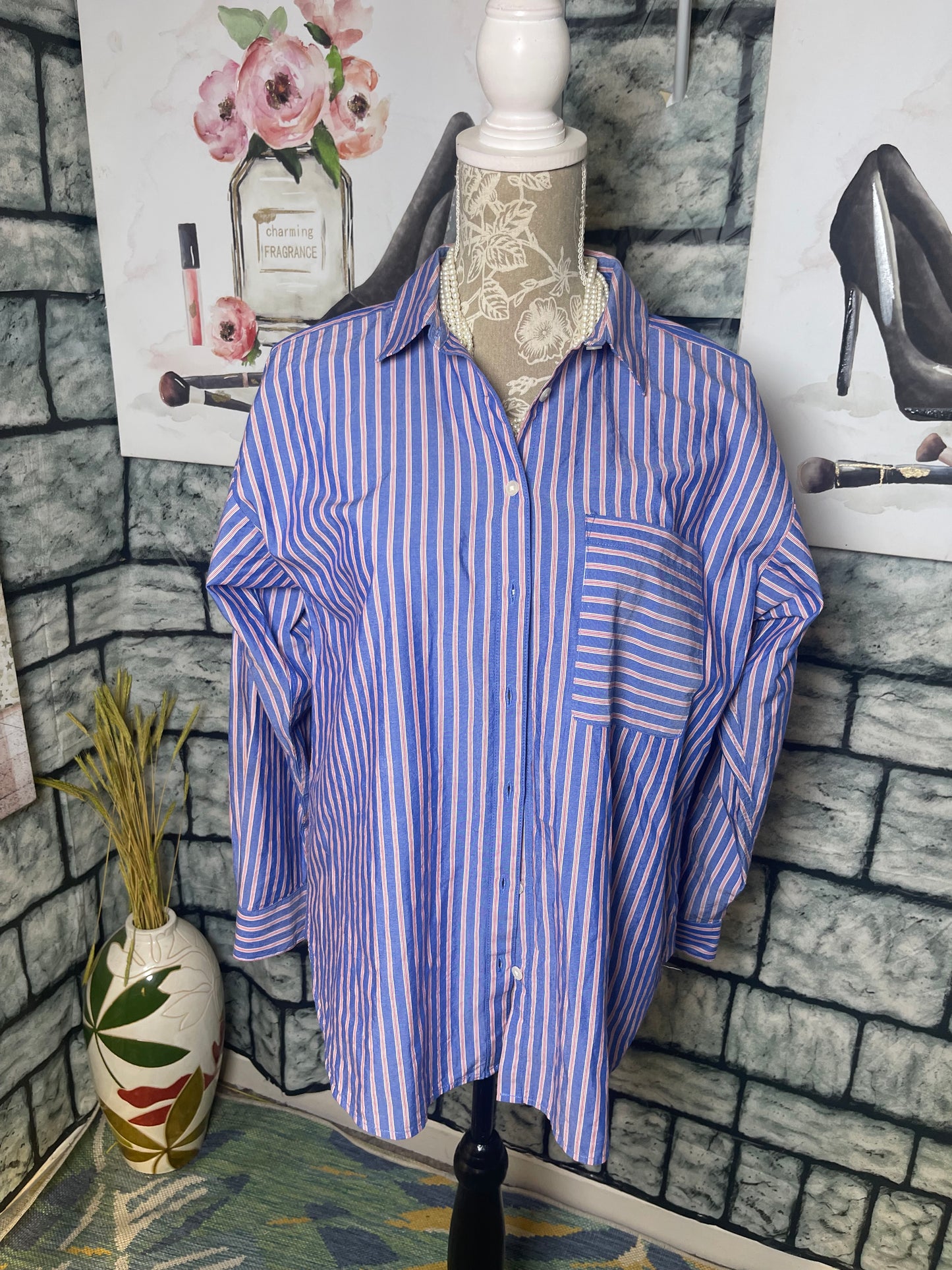LOFT Blue Red Button Blouse Women sz Medium