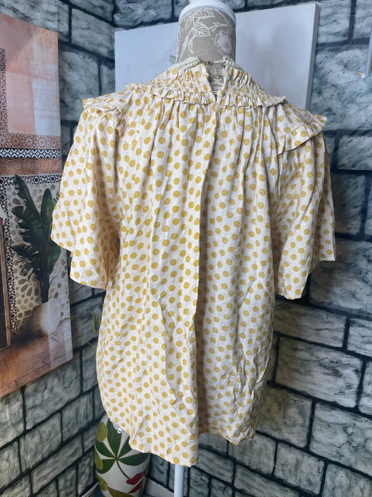 Voy Yellow Tan Polka Dot Blouse Women sz Small