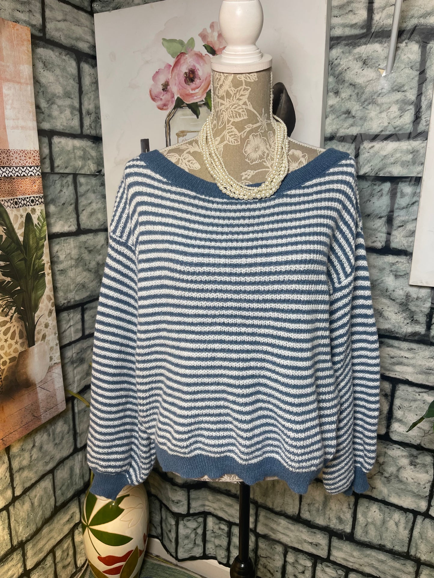 Emery Rose Blue White Sweater Women sz Small