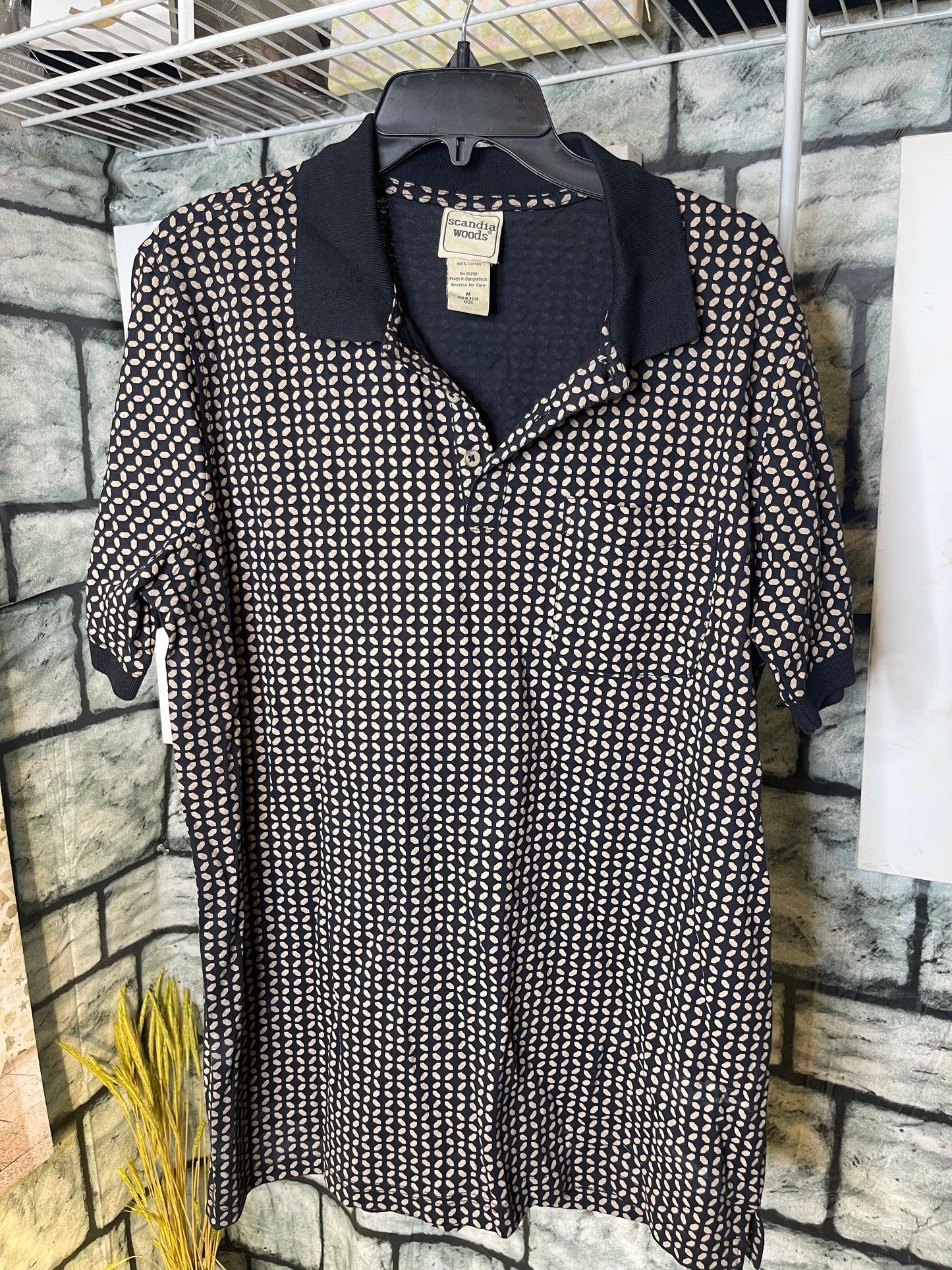 Scandia Woods Black Brown Print Polo Shirt Men sz Medium