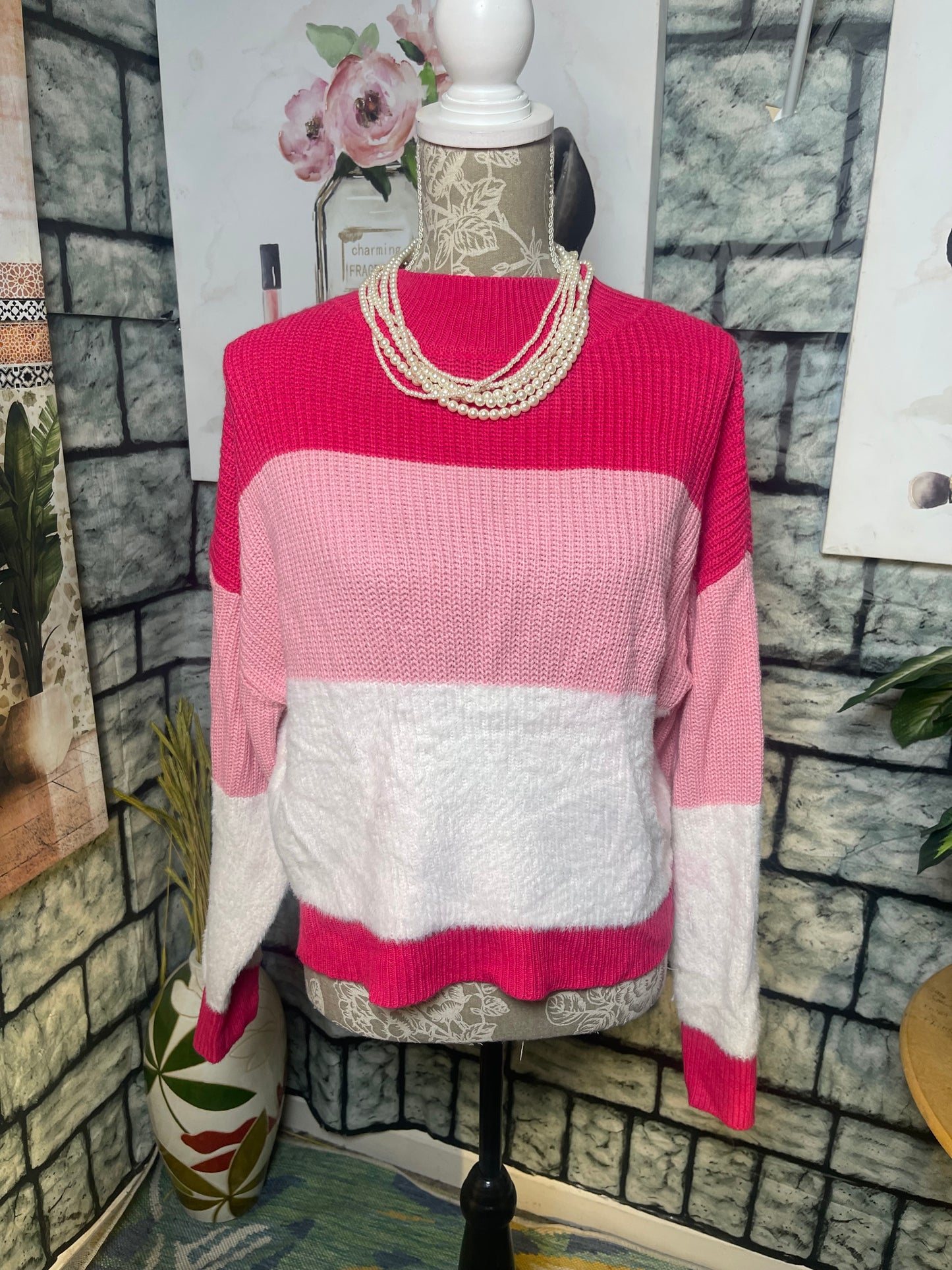 Shein Pink White Sweater Women sz Medium