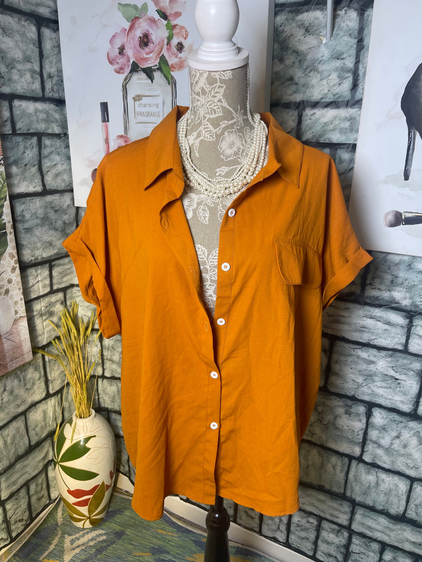 Shein Orange Button Blouse Women sz 3XL