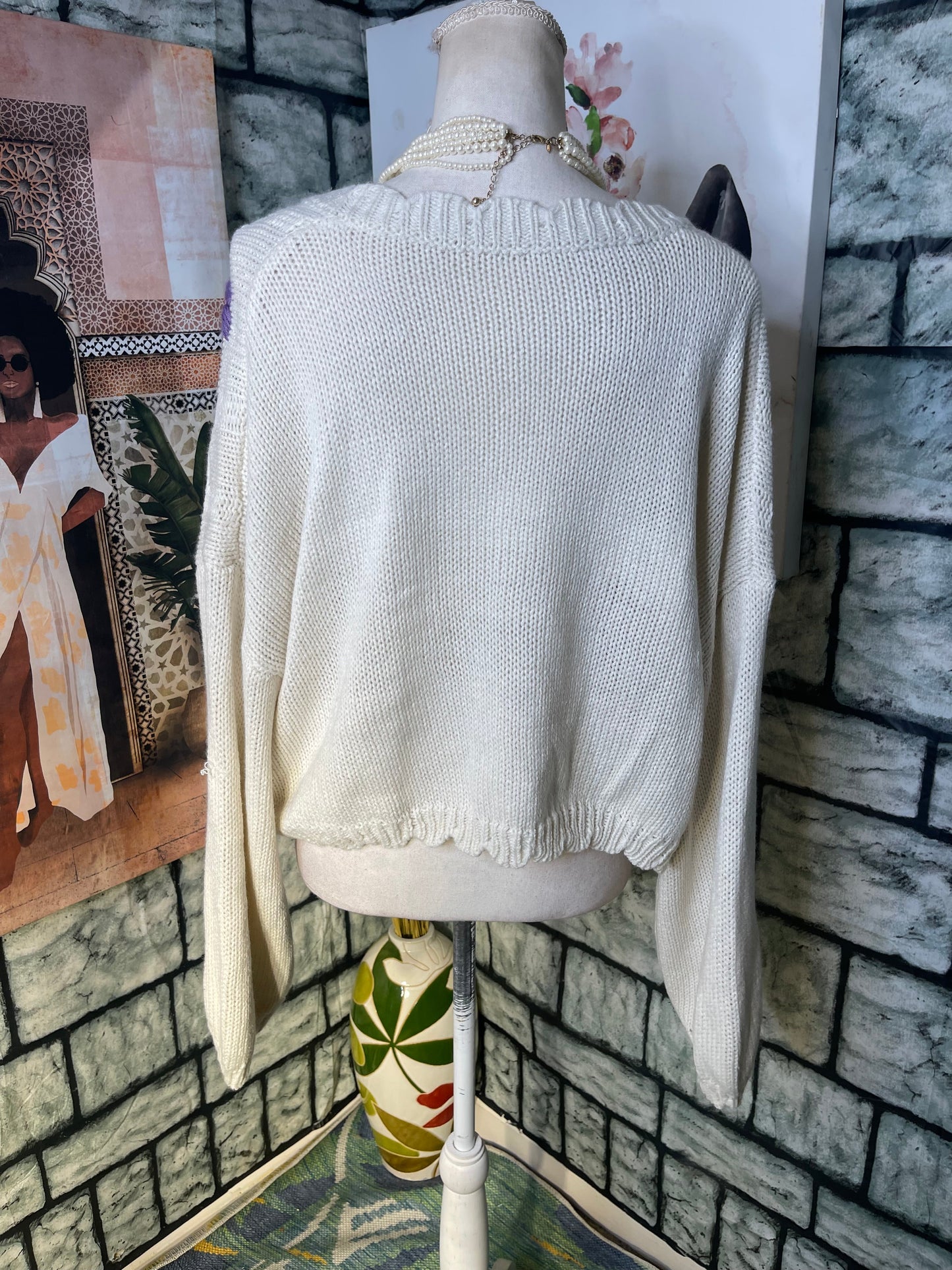 Shein Beige Floral Crop Sweater Women sz 3XL