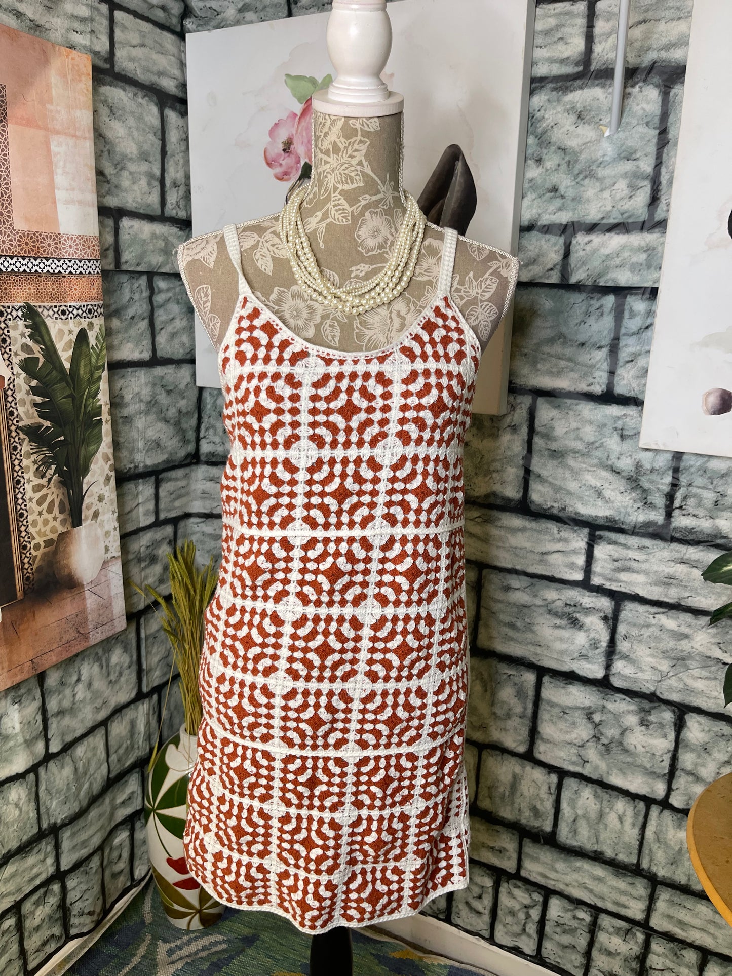 Willow & Wind Brown White Dress Women sz Medium