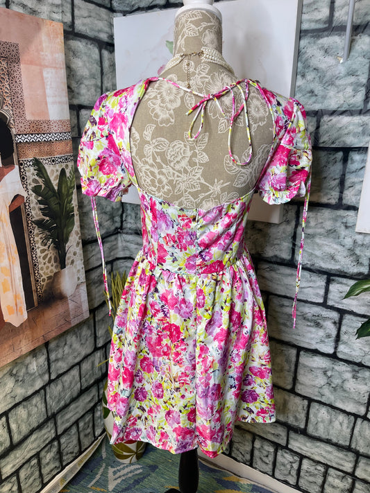 Pink Green Floral Dress Women sz Small