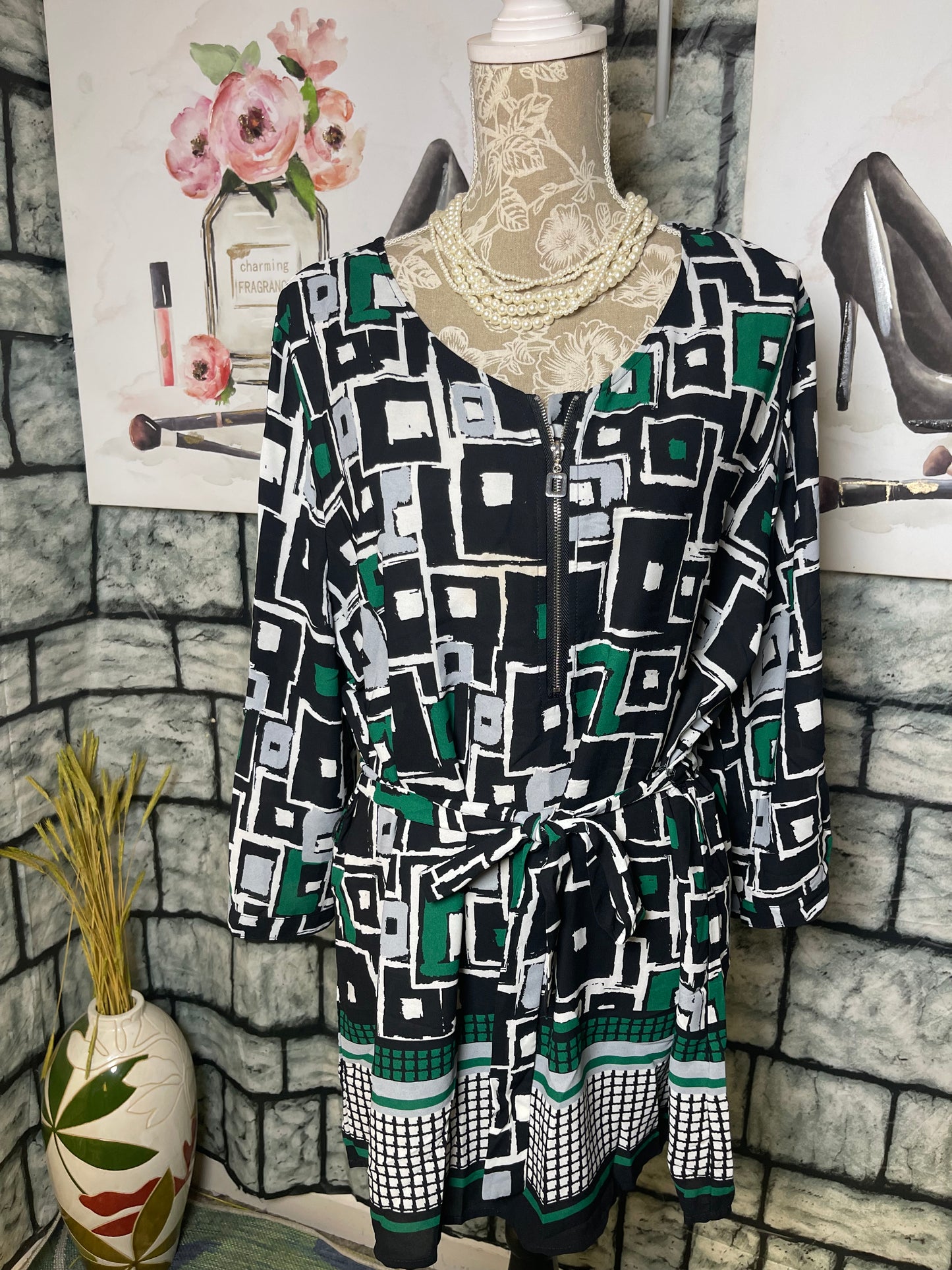 Roz & Ali Black Green Blouse Women sz XL