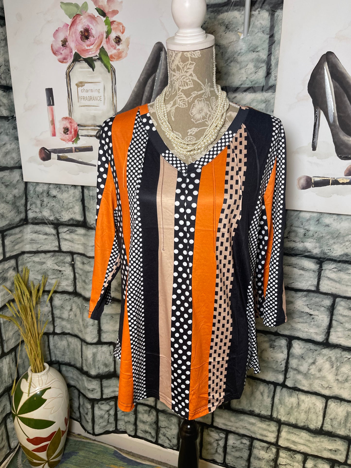 NEW Sampeel Orange Black Print Blouse Women sz Large