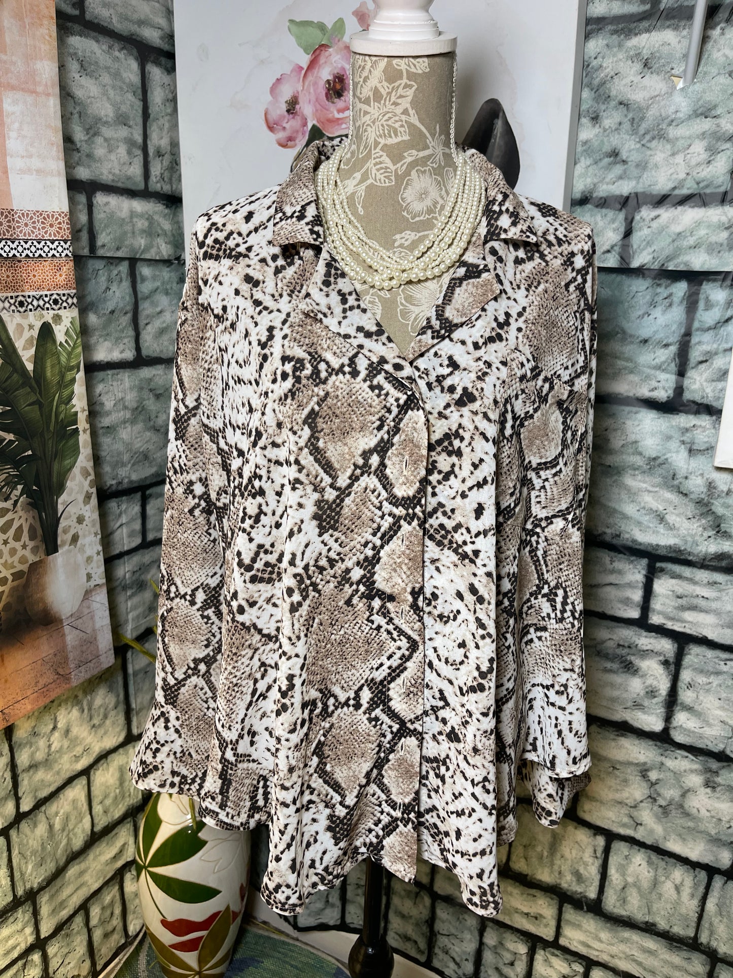 Storia Brown Print Button Blouse Women sz Large