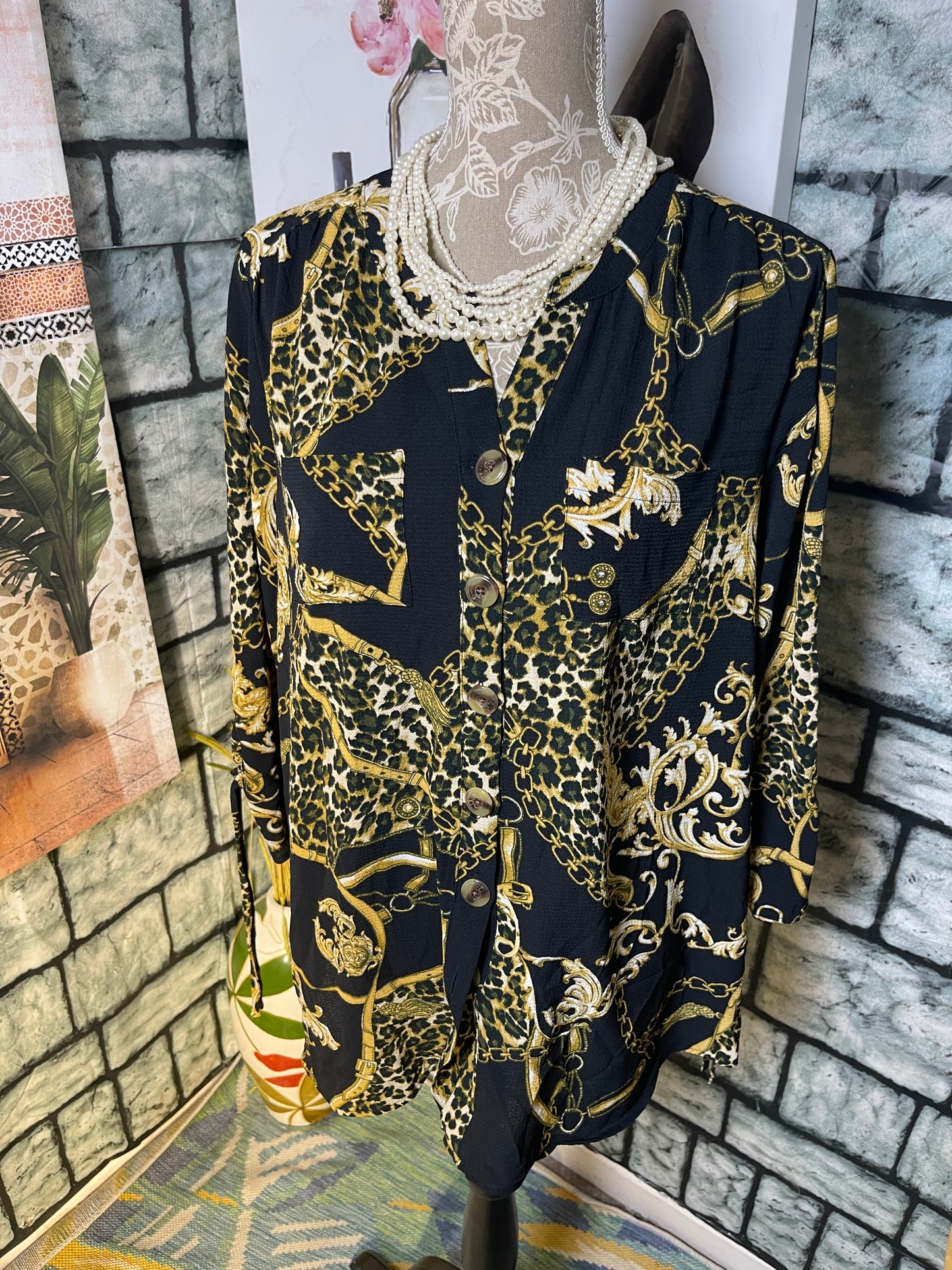 New Directions Black Yellow Button Blouse Women sz XL