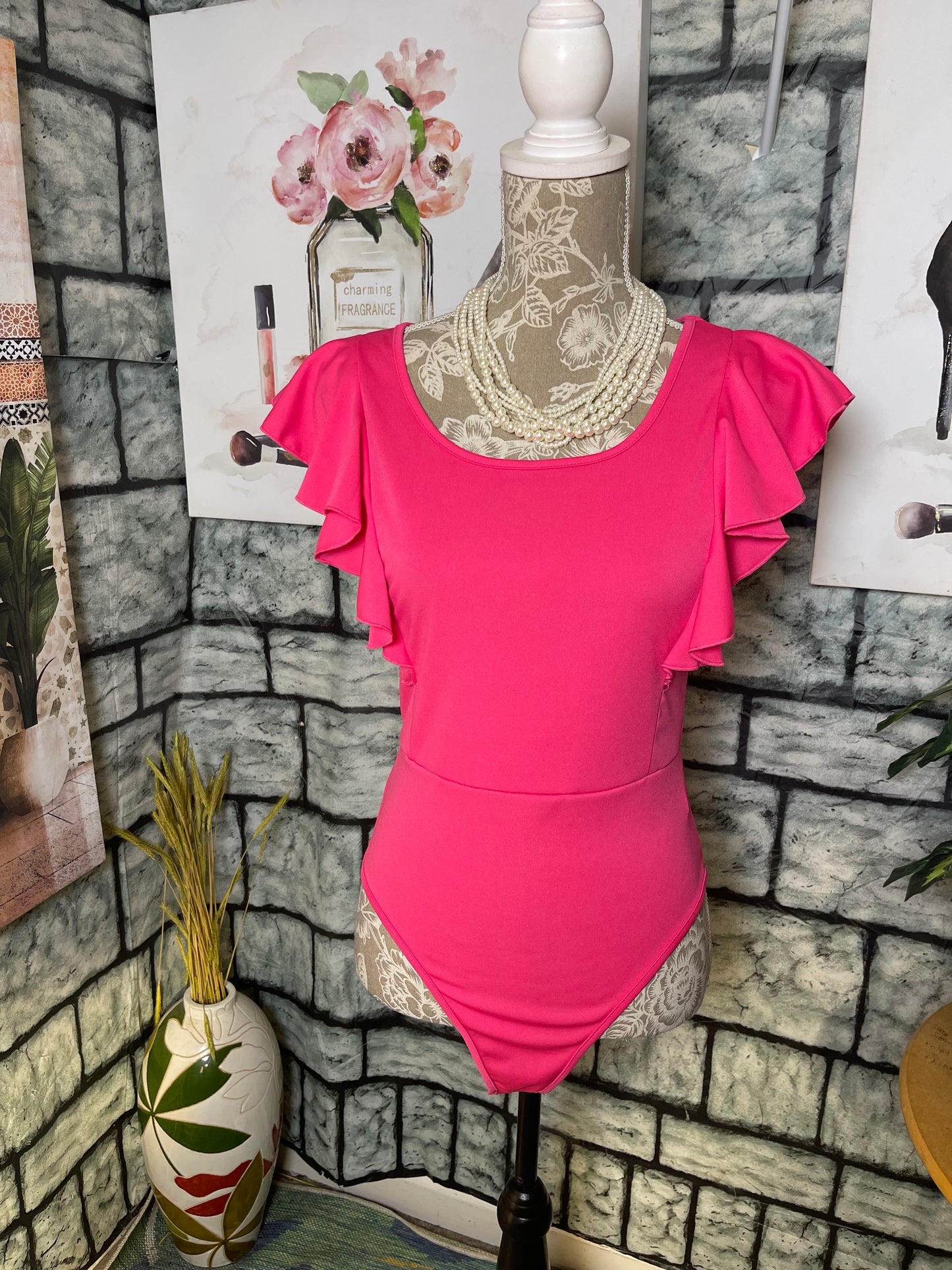 Shein Pink Bodysuit Blouse Women sz Large