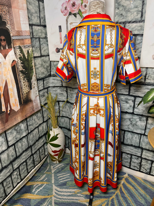 Beige Red Yellow Print Dress Women sz XL