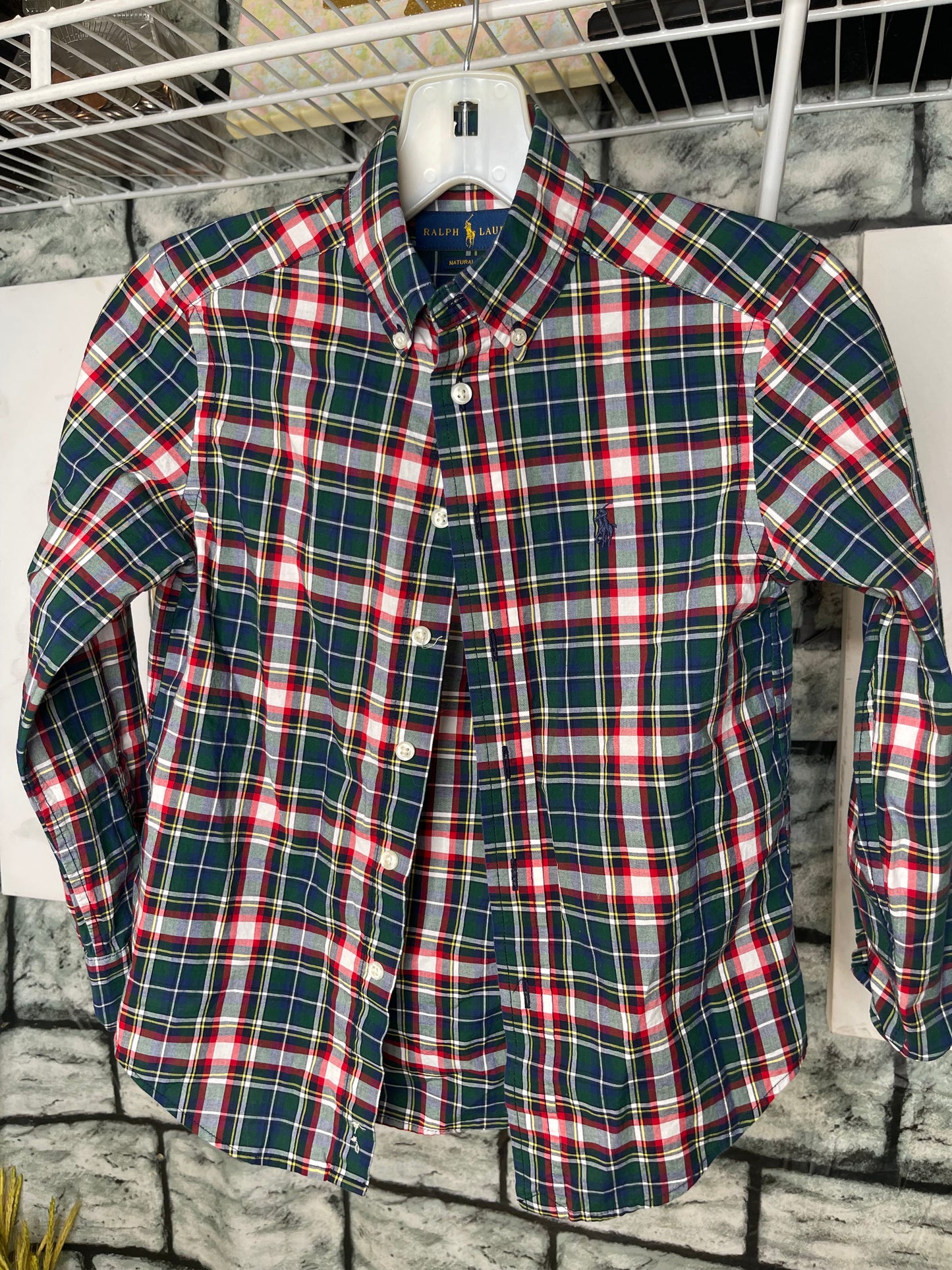 Ralph Lauren Green Red Print Button Shirt Boys sz 8