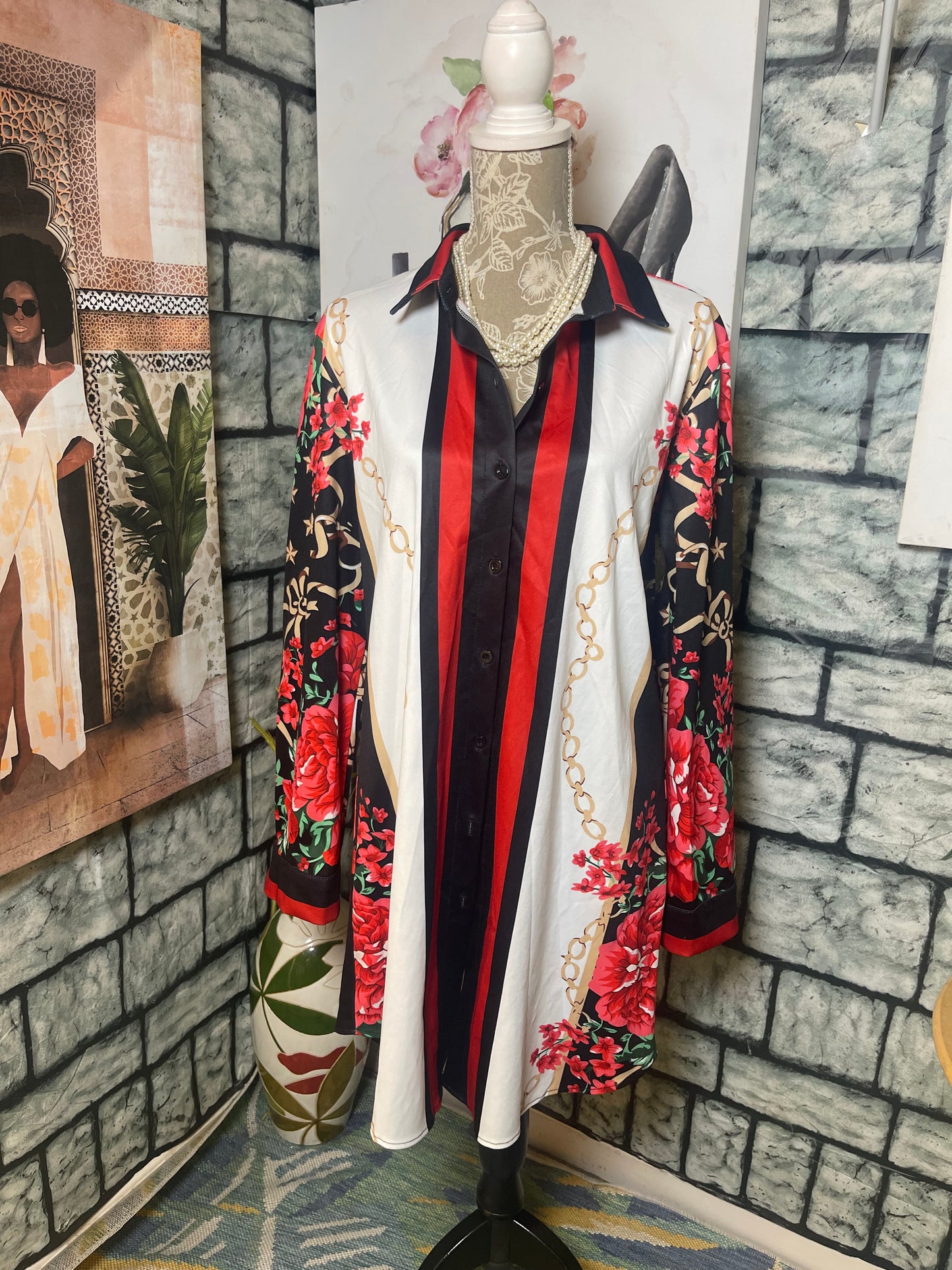 Black Red Print Button Dress Women sz XL