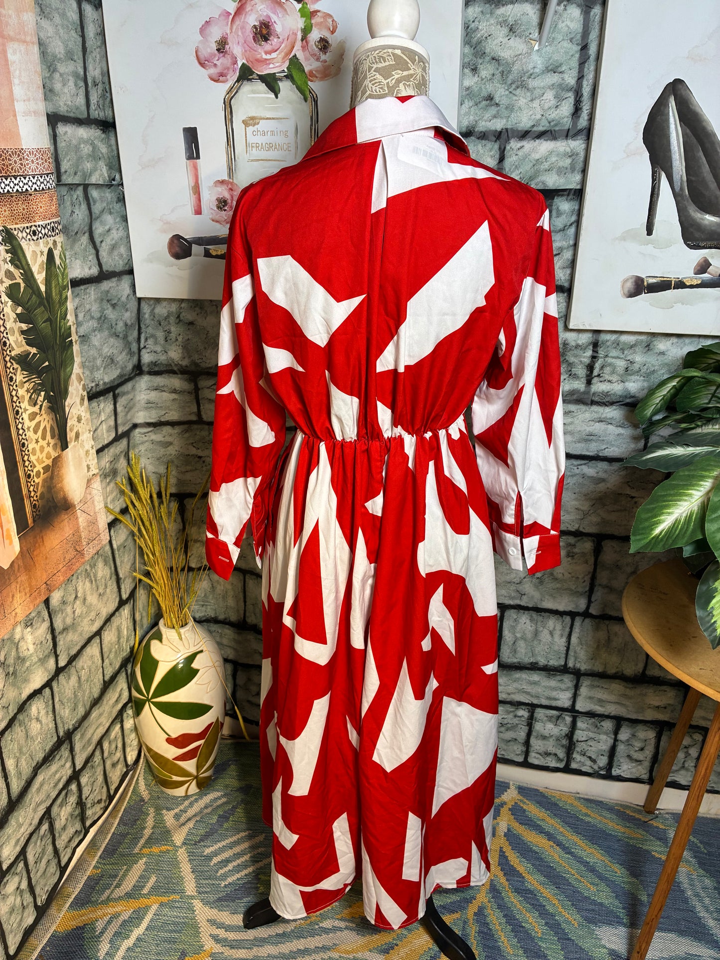 Red White Print Dress Women sz Medium