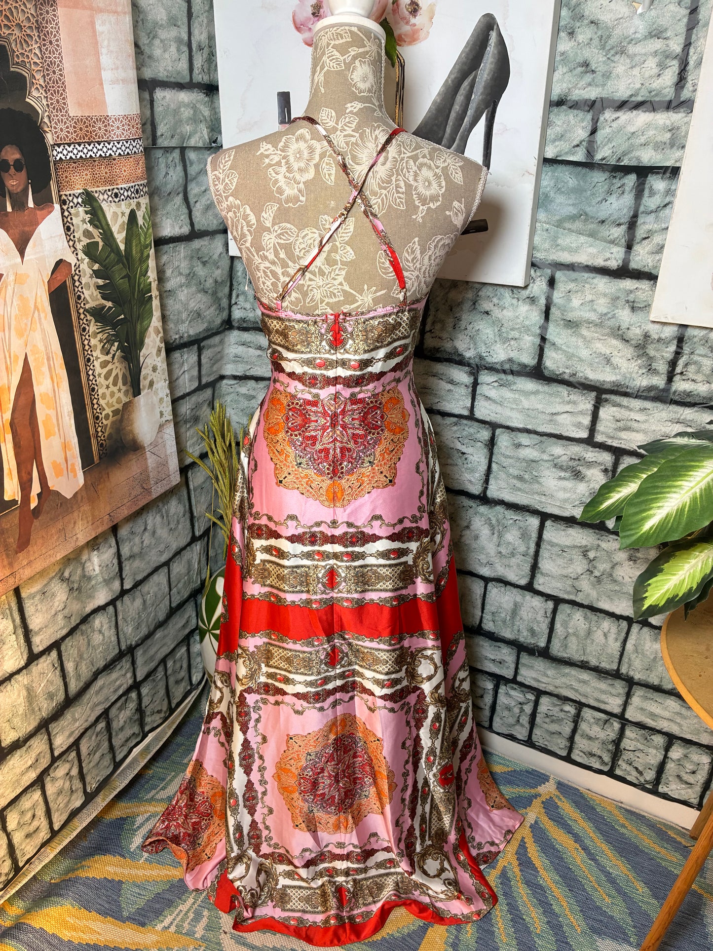 Aakaa Pink Red Print Dress Women sz Small