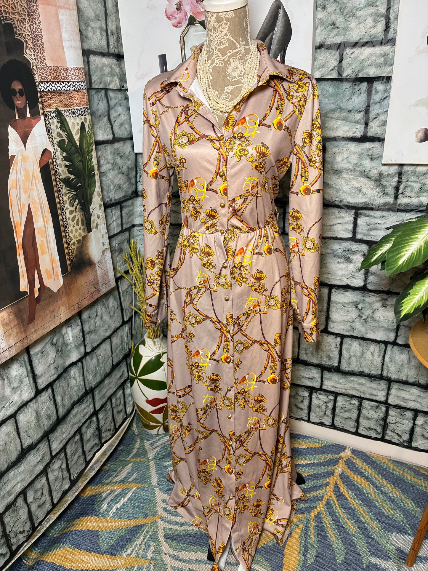 Brown Yellow Print Dress Women sz Large