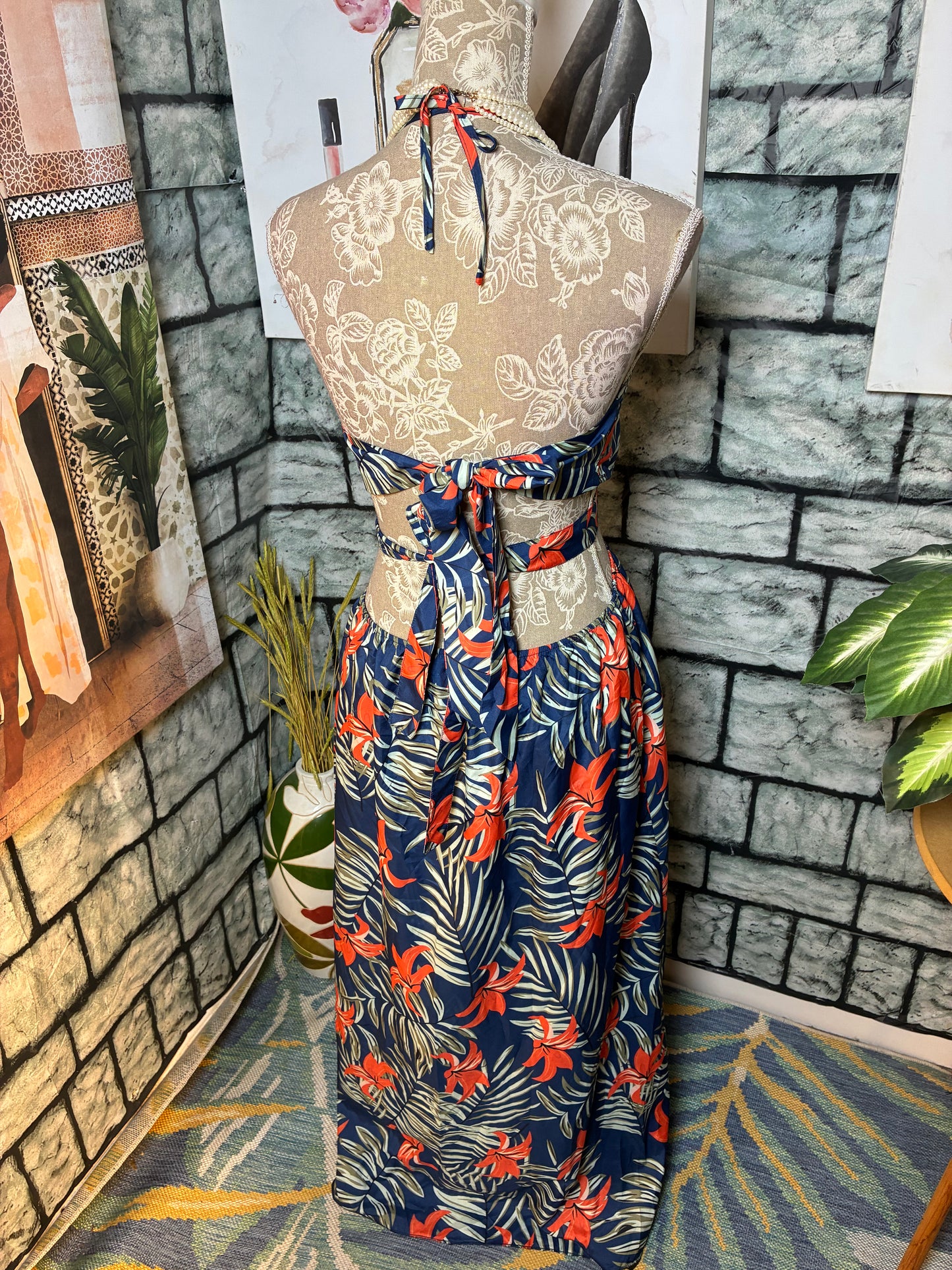 Blue Orange Floral Dress Women sz Large