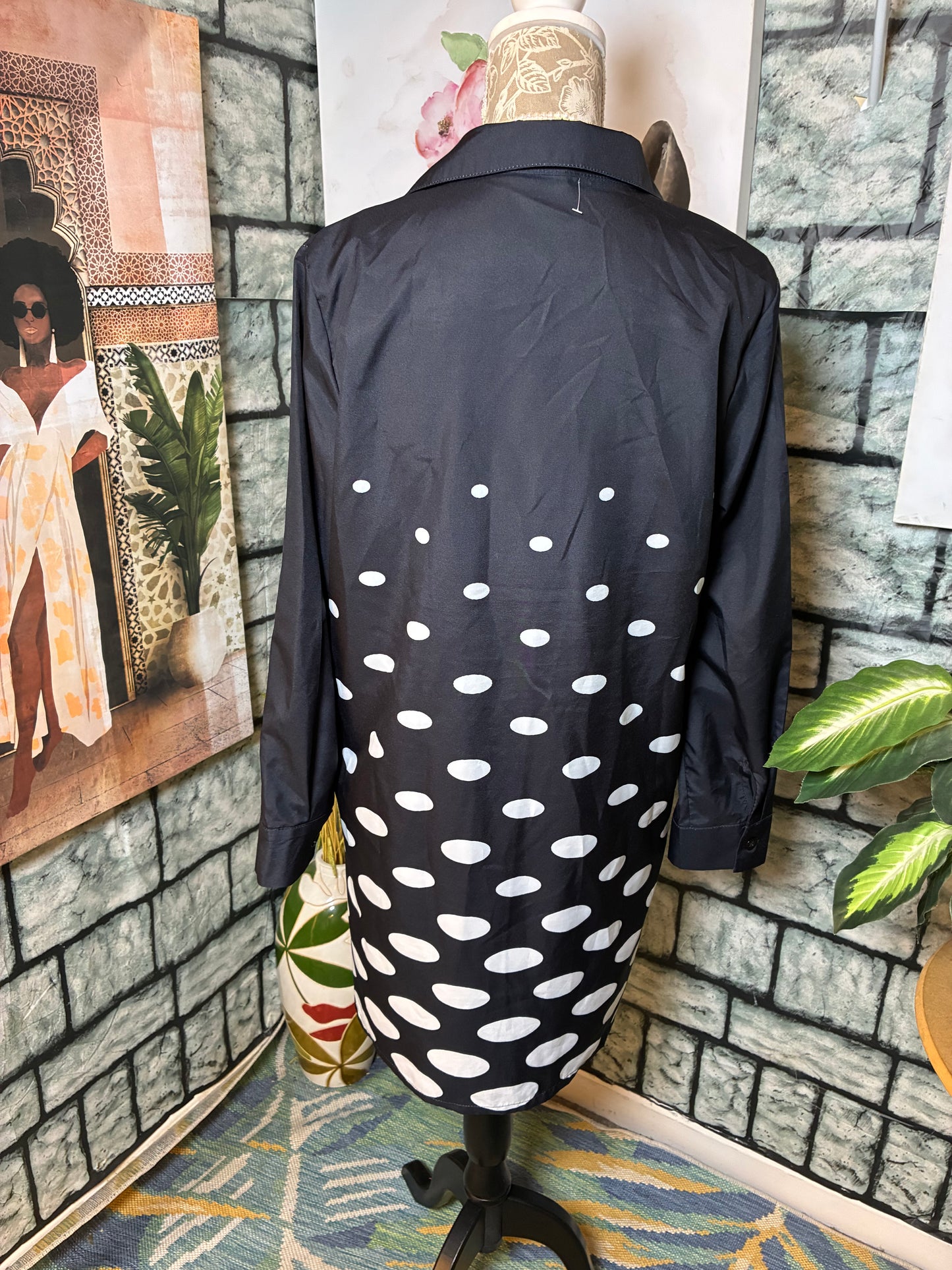 Black White Polka Dot Button Dress Women sz Large