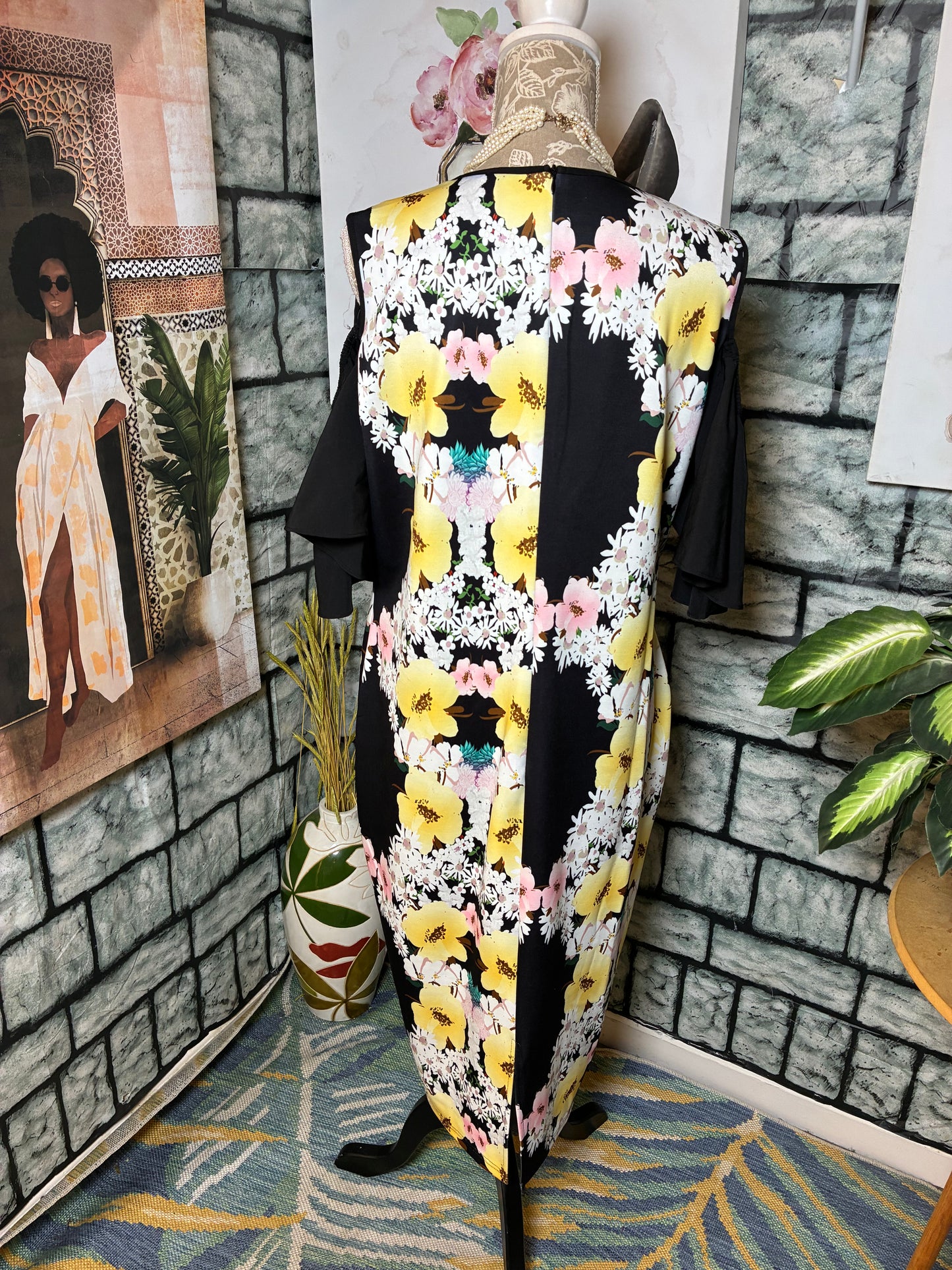 Shein Black Yellow Floral Dress Women sz 2XL