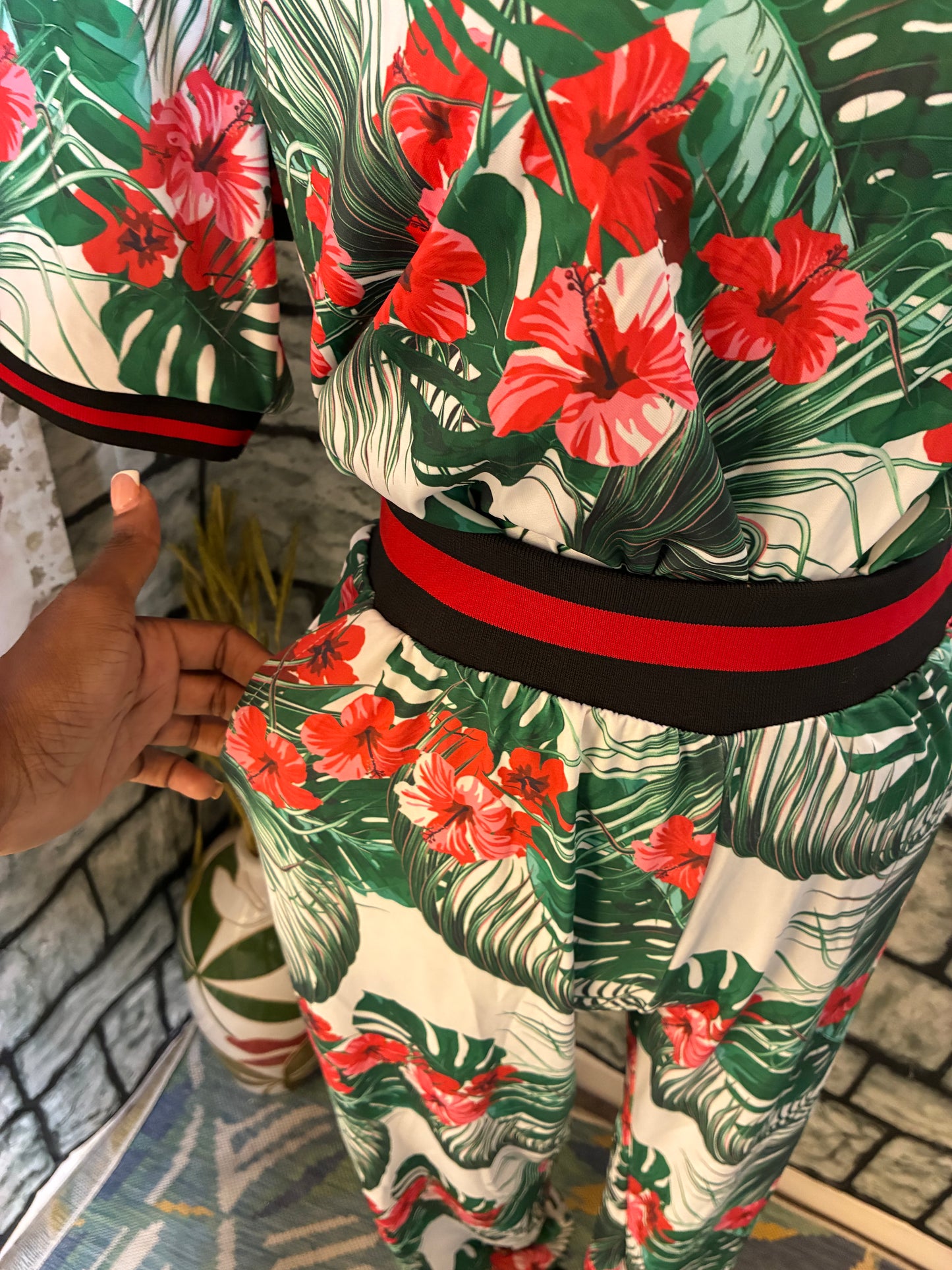 RedFox Green White Red Print Pants Set Women sz Large