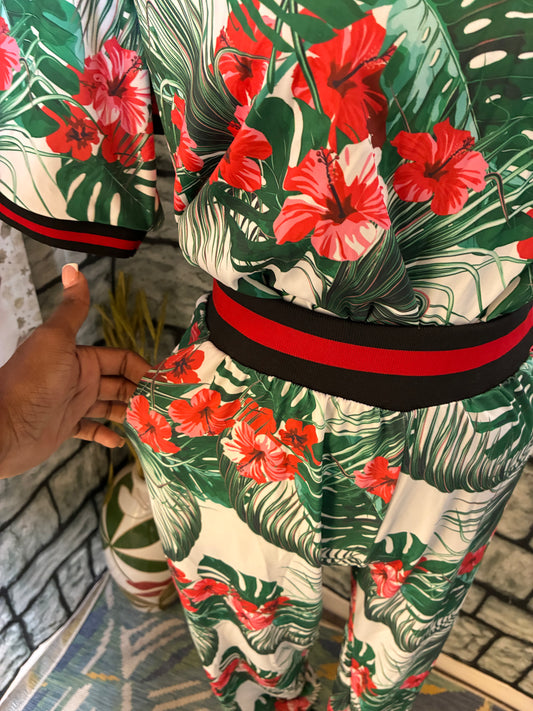 RedFox Green White Red Print Pants Set Women sz Large
