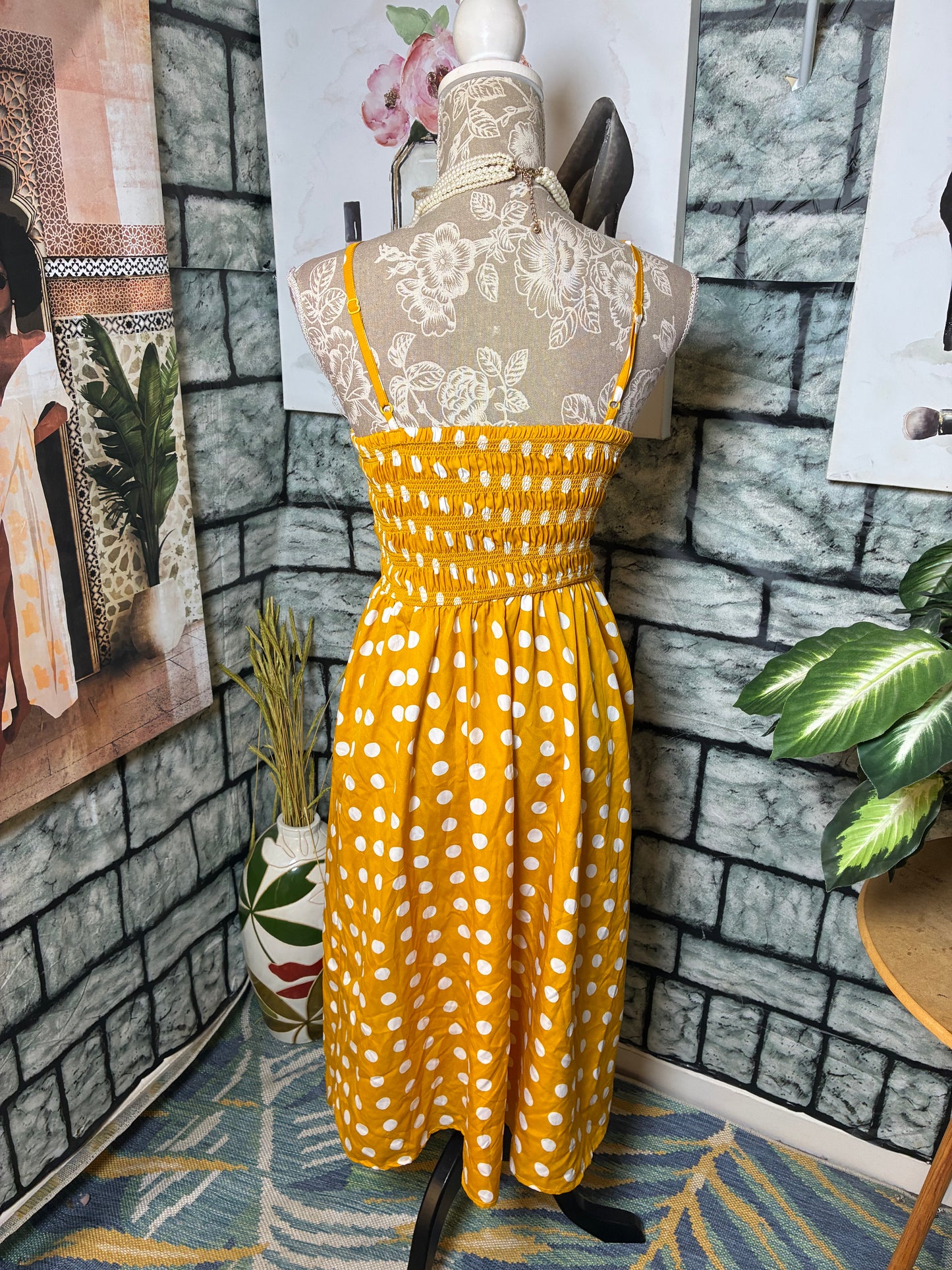 Kings Road Yellow White Polka Dot Dress Women sz Small
