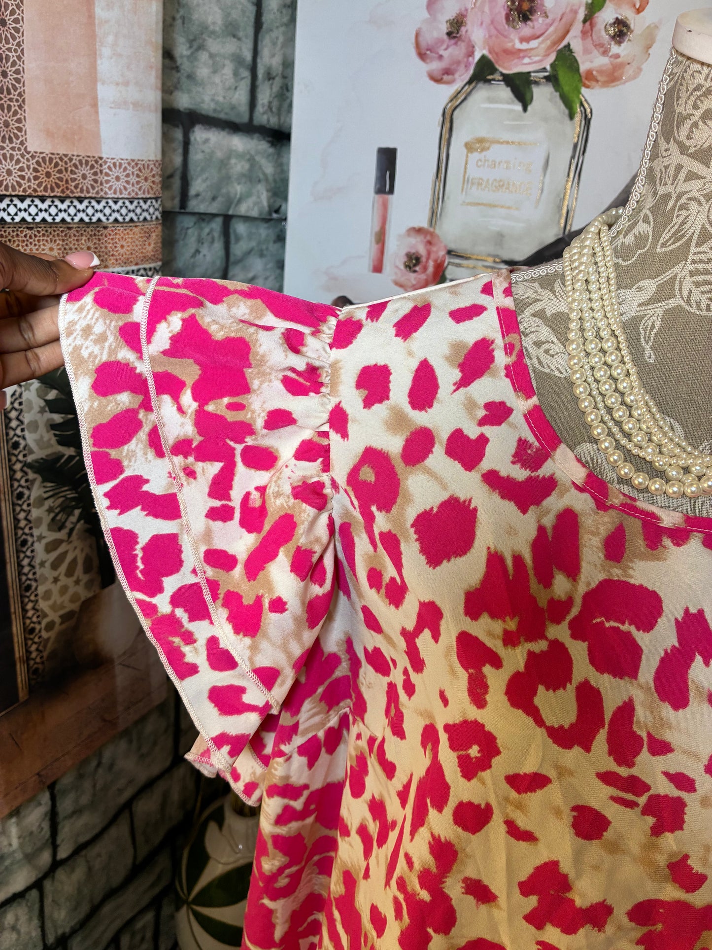 Shein Pink Tan Print Blouse Women sz 3XL