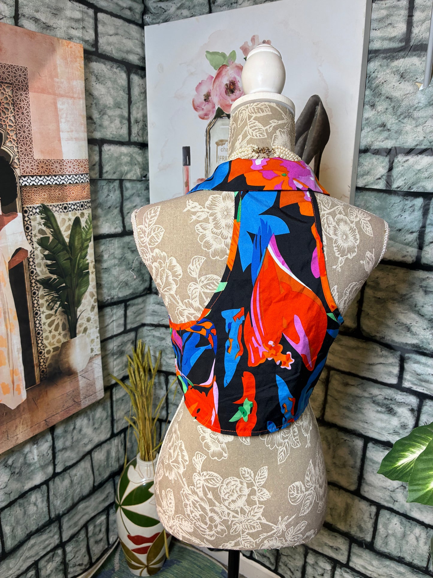 Blue Orange Tropical Blouse Women sz Medium