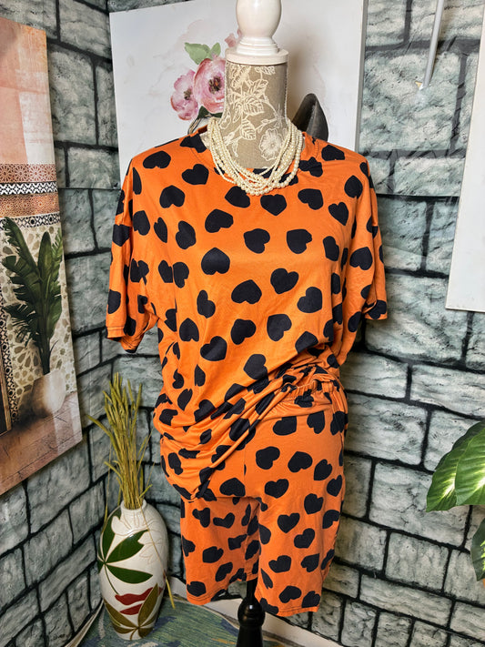 Orange Black Heart 2 Piece Short Set Women sz Small