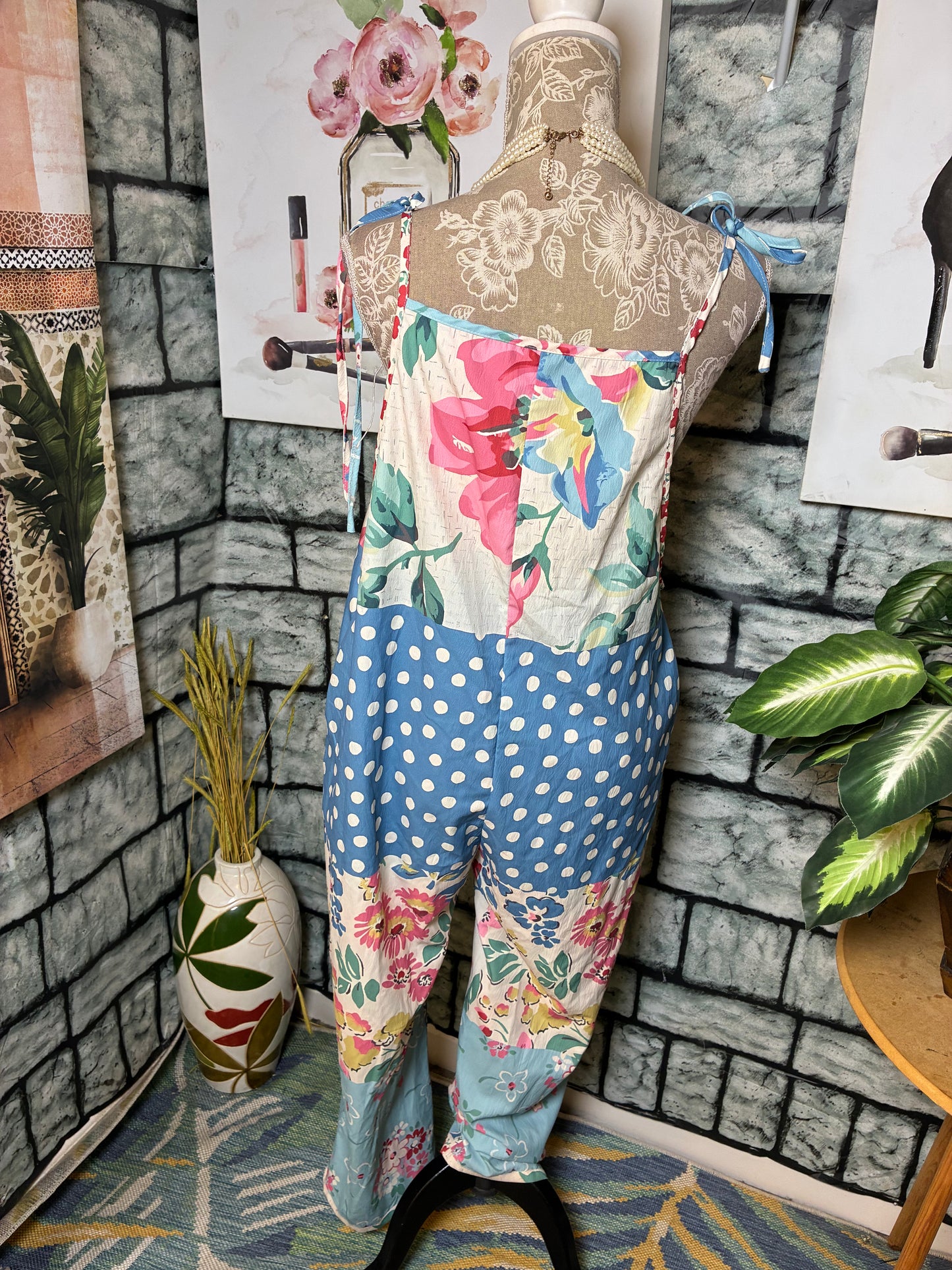 Blue Pink Polka Dot Jumpsuit Women sz Medium