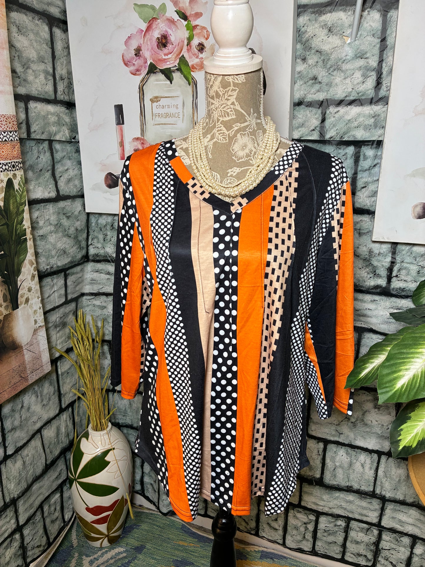 NEW Sampeel Orange Black Polka Dot Blouse Women sz Large