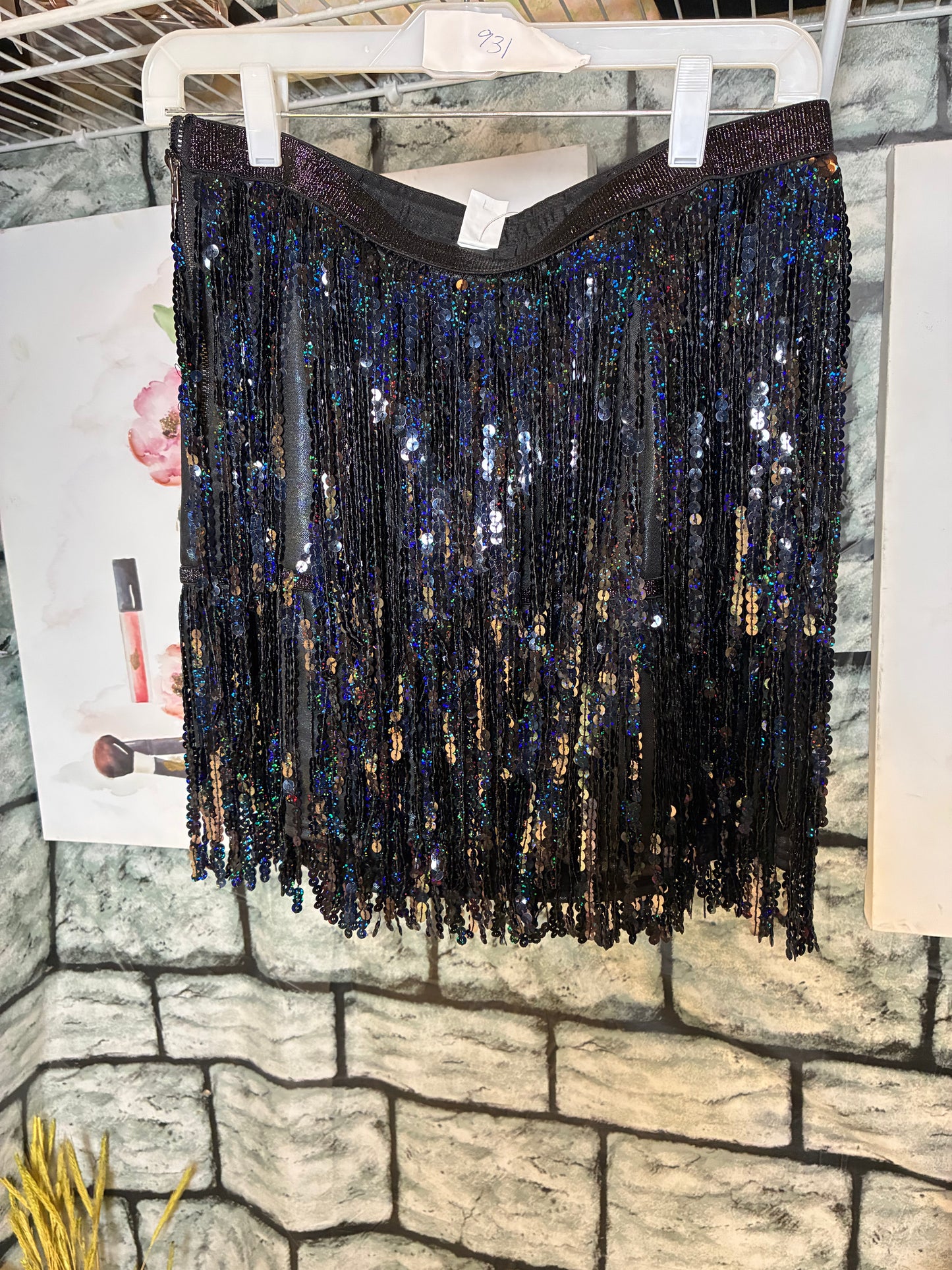 Black Fringe Sequin Skirt Women sz 14