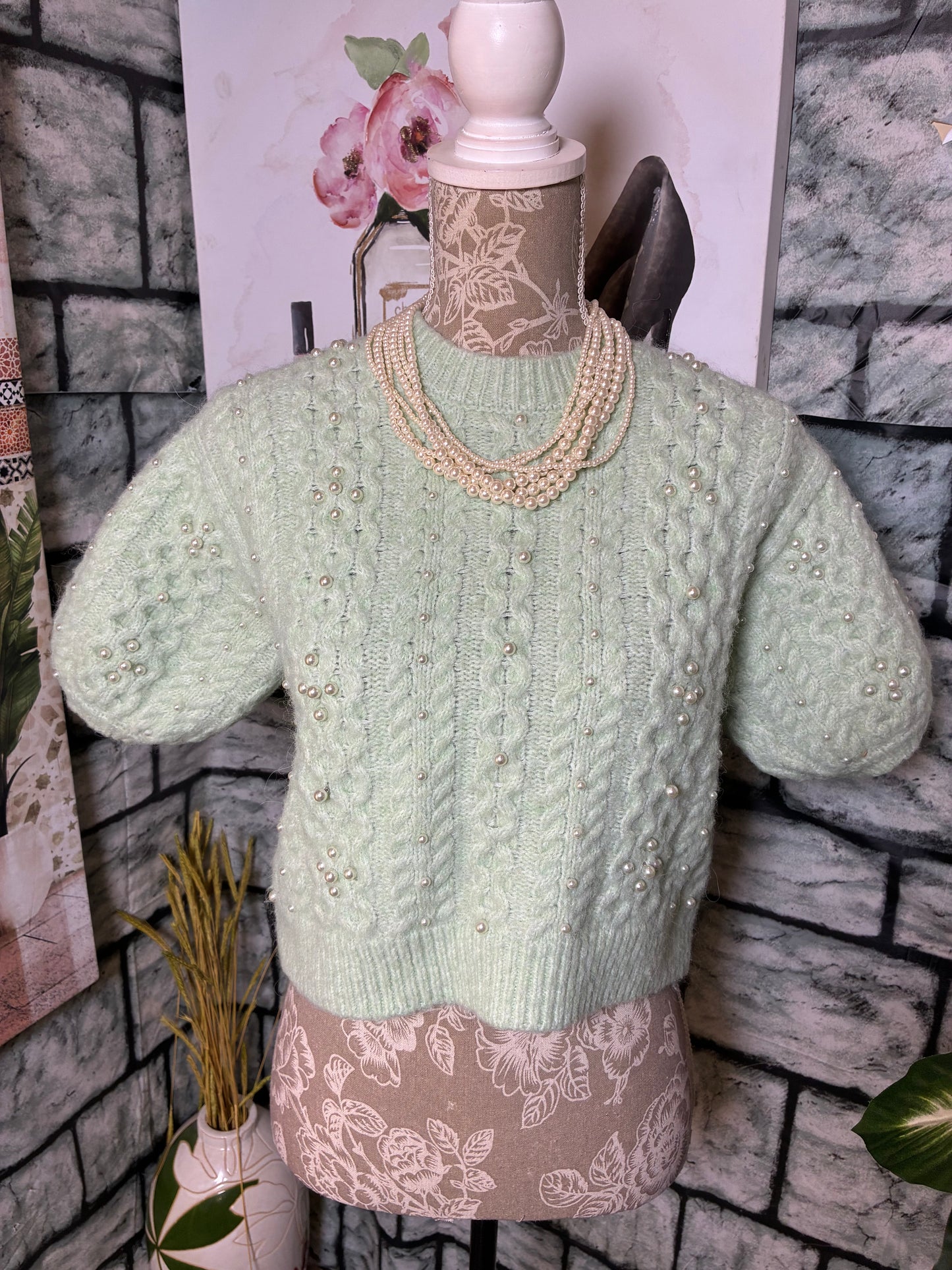 Zara Green Pearl Sweater Women sz Small