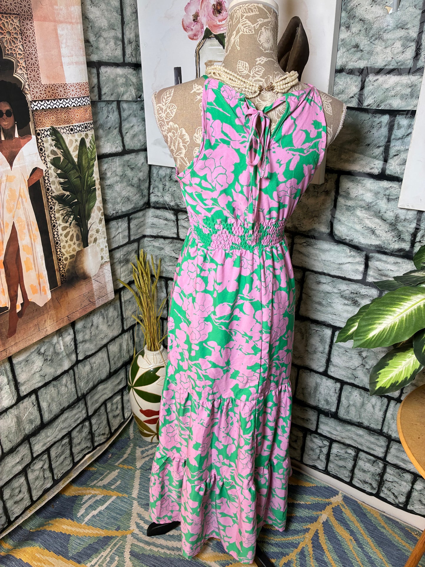Shein Pink Green Floral Dress Women sz XS