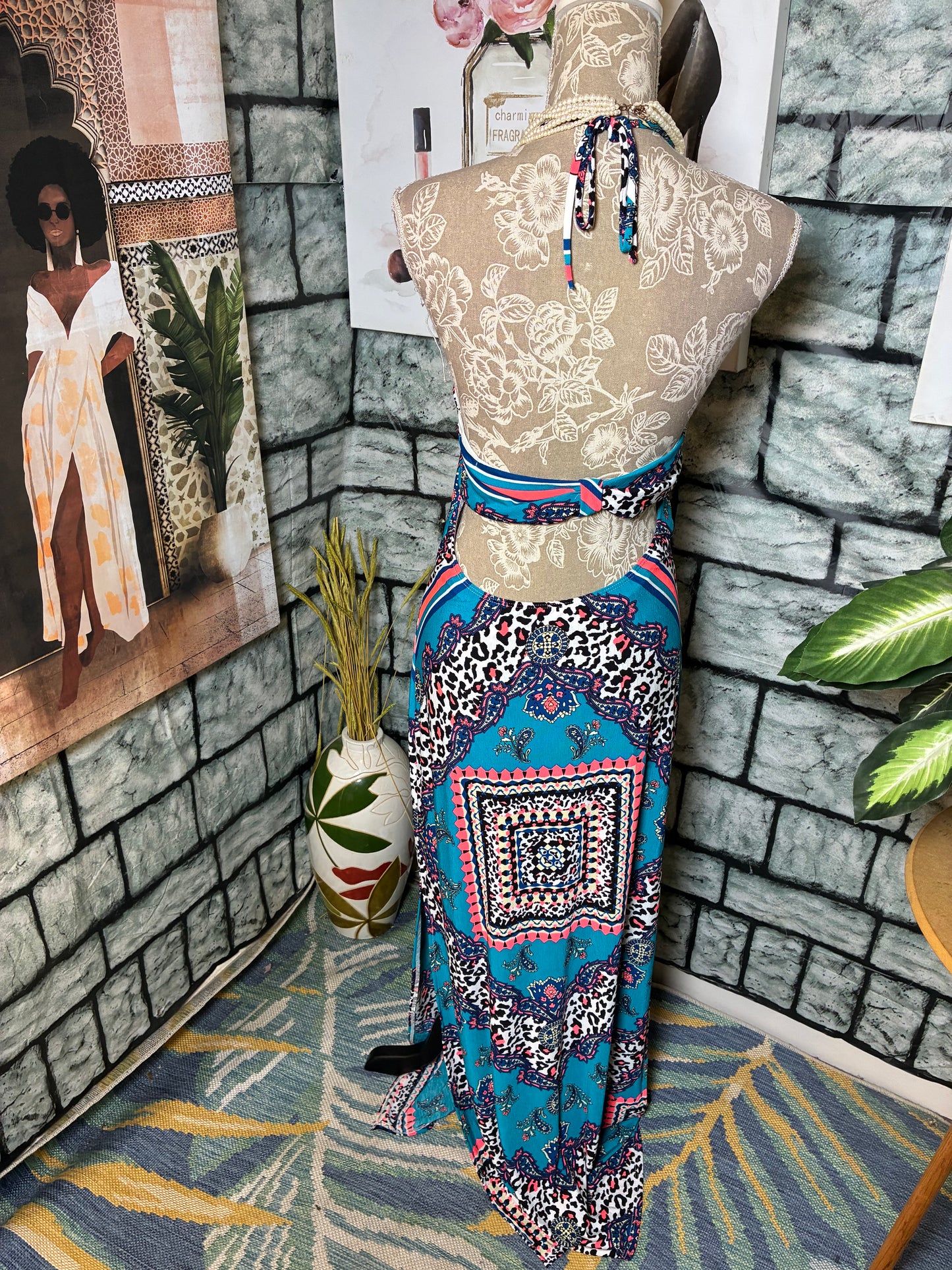 Fashion Nova Blue Pink Print Dress Women sz Large