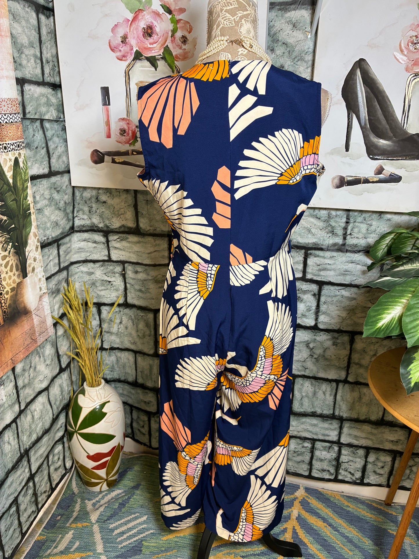 Blue Beige Print Jumpsuit Women sz Large