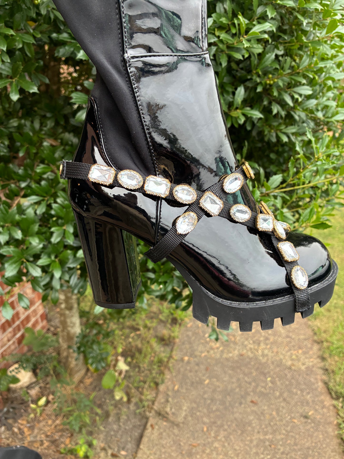 Fashion Nova Black Rhinestone Tall Boots Women sz 6.5