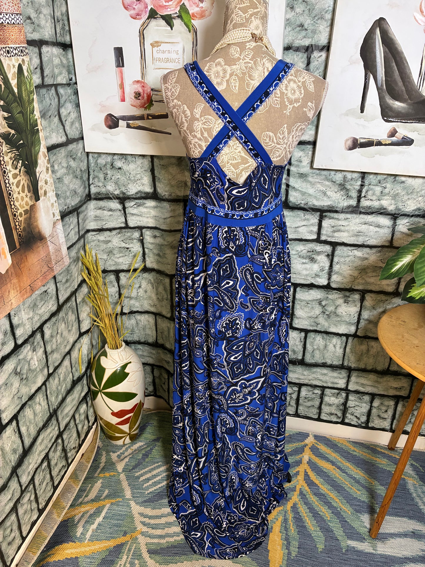 INC Blue Black Print Dress Women sz Medium