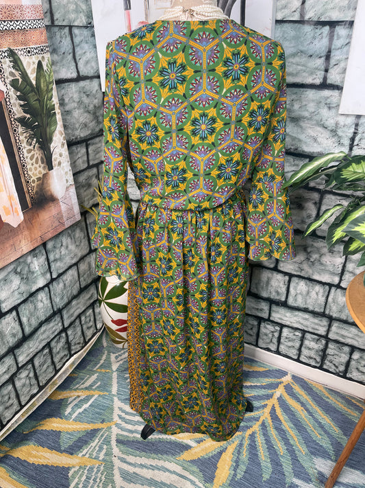 Dalin Green Yellow Print Dress Women sz Medium