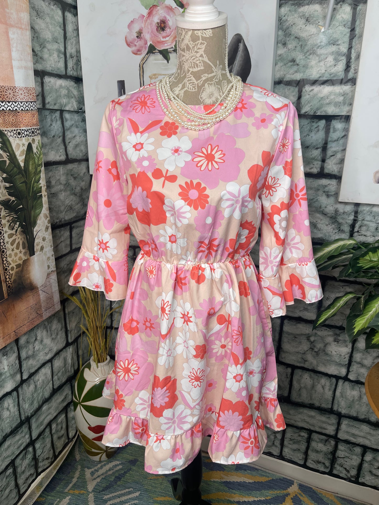 Pink Tan Floral Dress Women sz Small