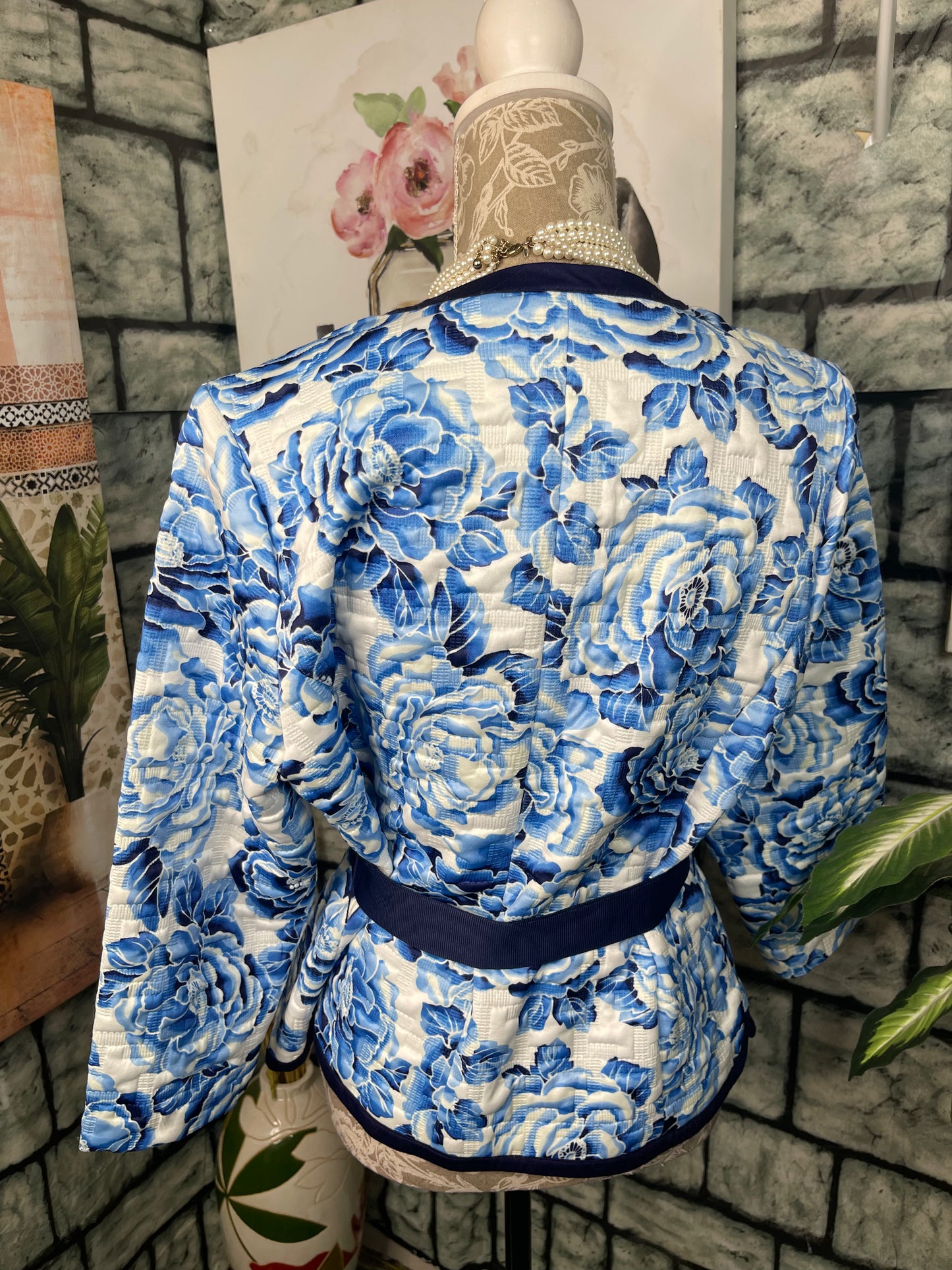 Isaac Mizrahi Blue Print Blazer Top Women sz Large