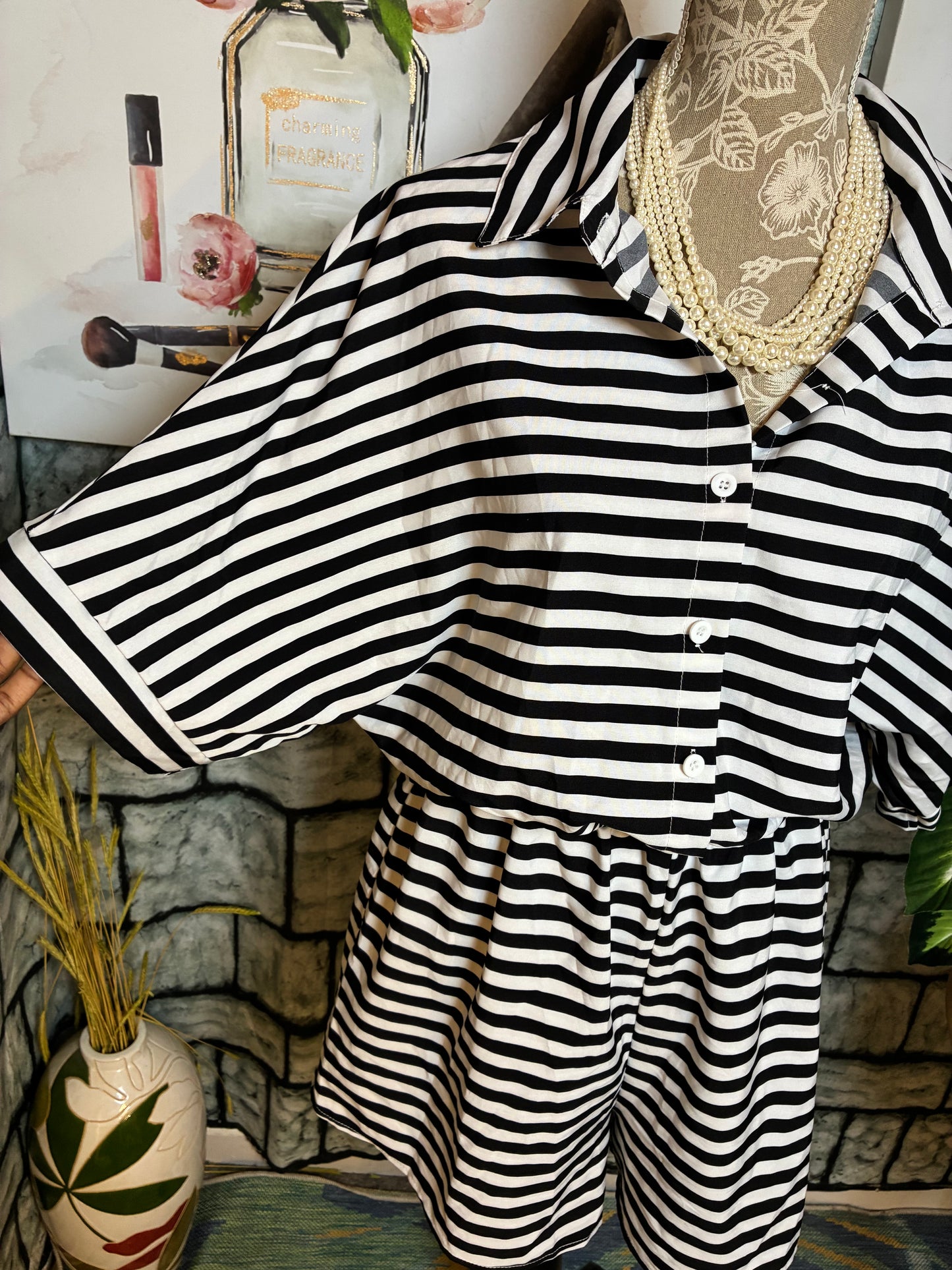 Shein Black White Print Romper Women sz Large