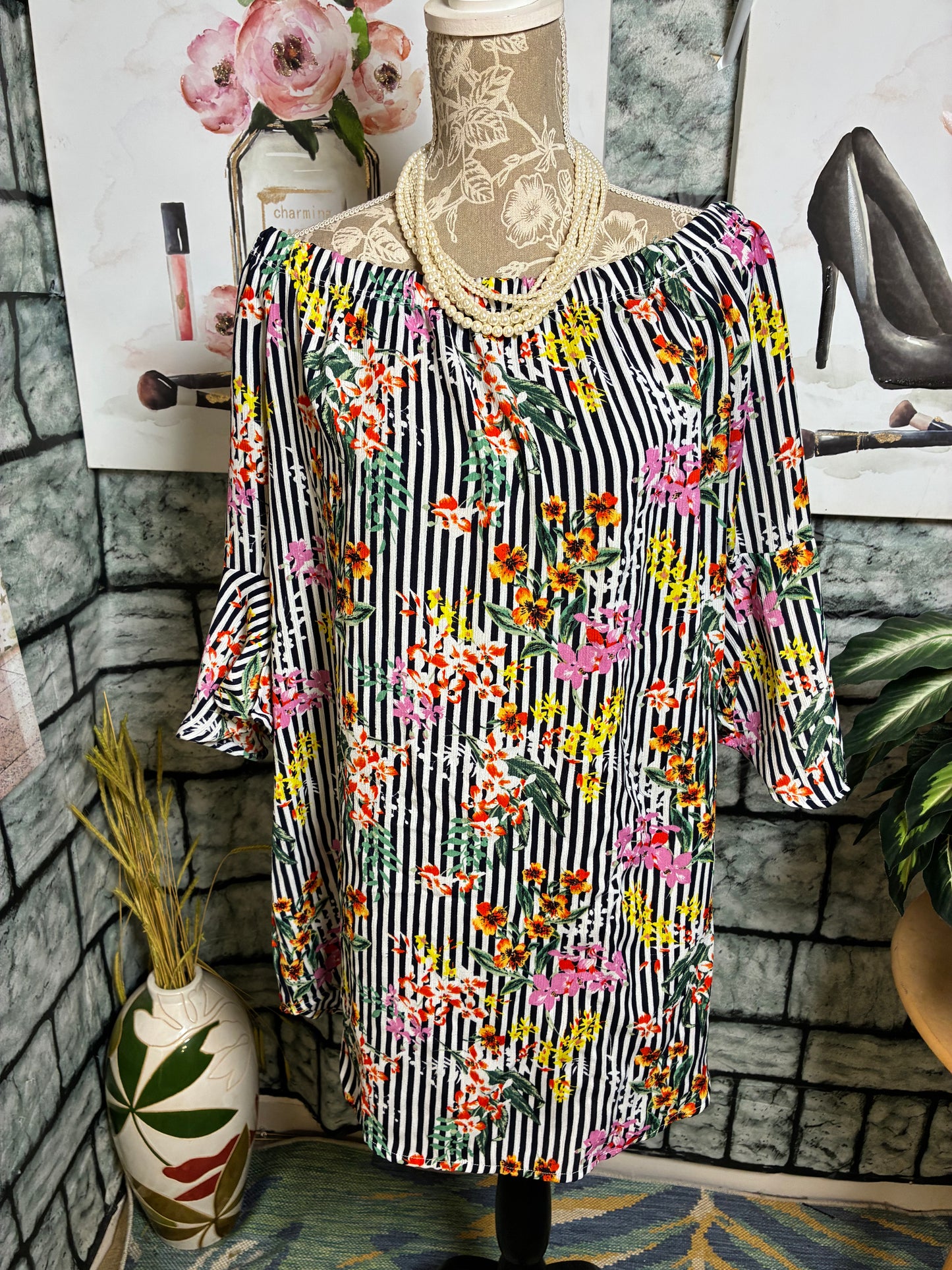 Black White Floral Print Dress Women sz Large