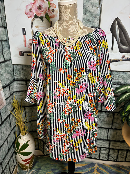 Black White Floral Print Dress Women sz Large